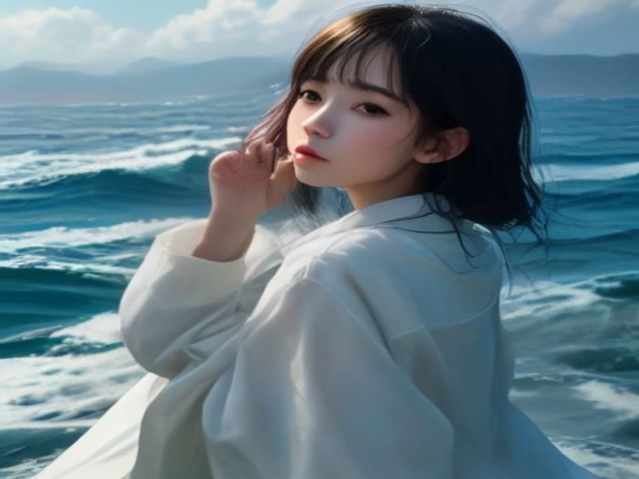 暗黑影调中的女海盗主题场景，远处是模糊的海岸线与船只轮廓，近景有罗盘与海图，整体氛围神秘而克制